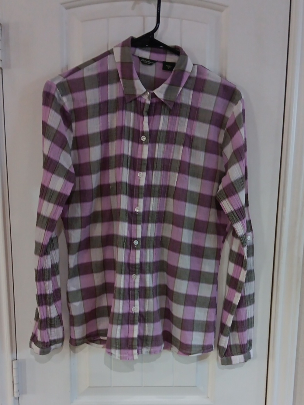 Eddie Bauer Plaid Crinkle Gauze Roll Tab Sleeve Shirt Lavender Green M '12